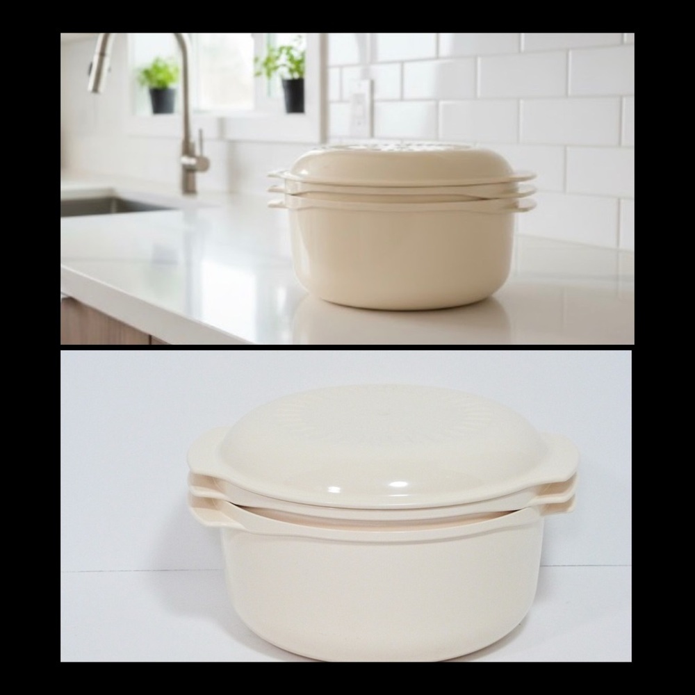 Vintage Tupperware 3pc Almond Microwave Stackable Cooker 1 3/4Qt and 3Qt Bowls